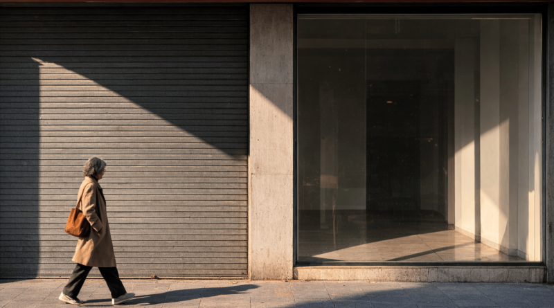 Serrande di negozi chiusi in una strada urbana italiana, simbolo della desertificazione commerciale e della crisi del commercio di vicinato nelle città.