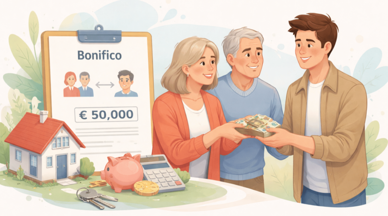 Genitori che aiutano economicamente il figlio con una donazione di denaro per acquistare casa tramite bonifico bancario tracciabile.