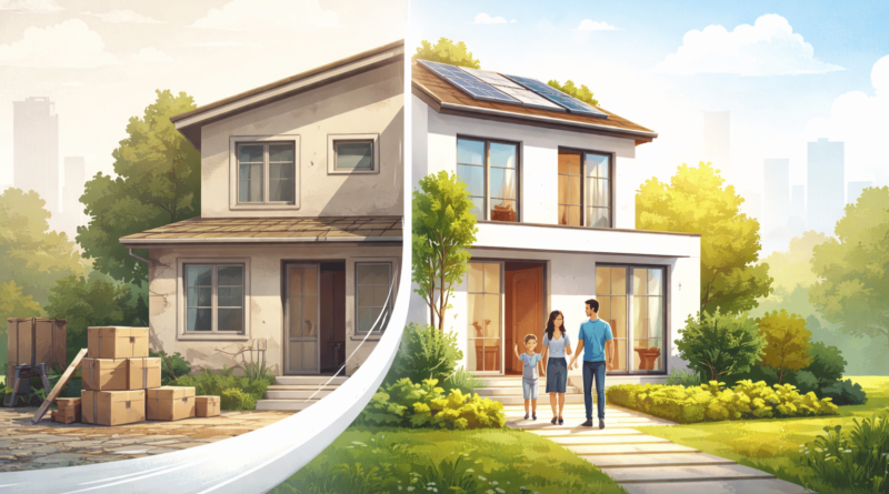 Illustrazione minimal di una casa che si trasforma da immobile da ristrutturare a abitazione moderna con famiglia davanti all’ingresso, simbolo del futuro e del potenziale di una casa nel mercato immobiliare.