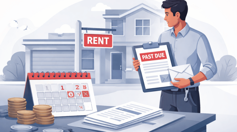 Illustrazione sulla gestione della morosità nell’affitto con calendario, documenti e proprietario che controlla un pagamento in ritardo