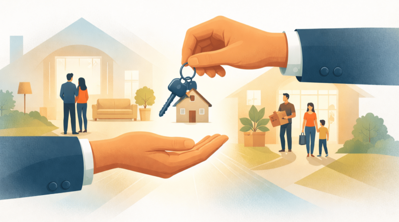 Illustrazione minimalista del passaggio di chiavi tra venditore e compratore che rappresenta il momento in cui una casa cambia destino nella compravendita immobiliare.