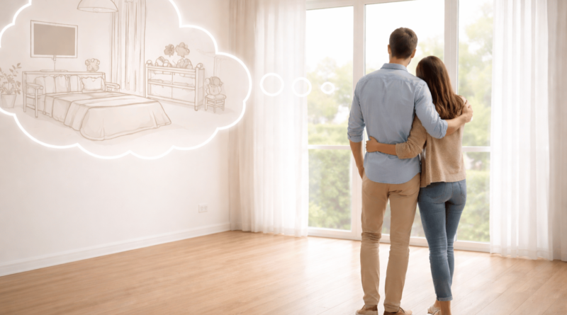 Coppia che osserva un appartamento vuoto durante una visita immobiliare e immagina come potrebbe diventare la propria casa.