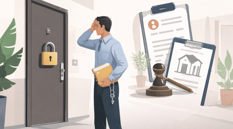 Proprietario davanti alla porta di casa con serratura chiusa e documenti legali, rappresentazione del problema dell’inquilino moroso e dello sfratto per morosità in caso di affitto non pagato.