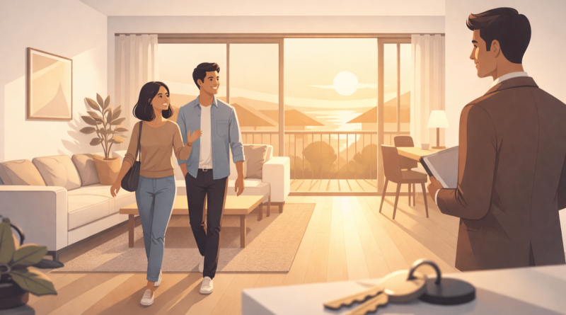 Coppia che visita un appartamento con agente immobiliare durante una visita e immagina la propria vita nella casa prima di decidere l’acquisto