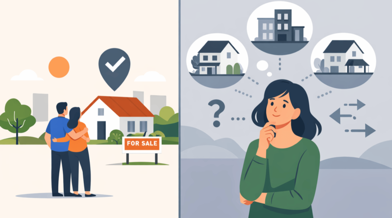 Illustrazione minimal della ricerca immobiliare: una coppia trova la casa giusta mentre una persona valuta diverse opzioni di immobili prima di scegliere.