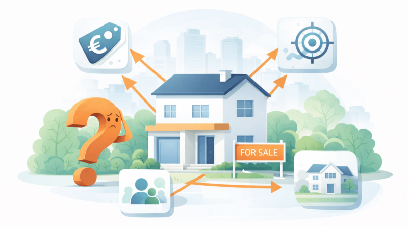 Illustrazione minimal di una casa in vendita con icone che rappresentano prezzo, target acquirenti e strategia immobiliare per spiegare perché alcune case restano invendute.