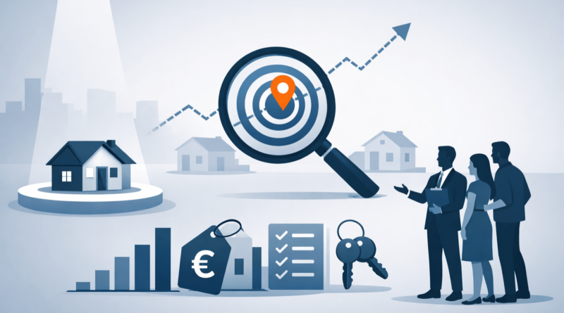 Illustrazione minimal sul posizionamento immobiliare con casa evidenziata, lente di ingrandimento con target e analisi del mercato per vendere casa in modo strategico