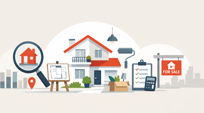 Illustrazione minimal di una casa con elementi di analisi immobiliare, valutazione del prezzo e preparazione alla vendita nel mercato immobiliare.