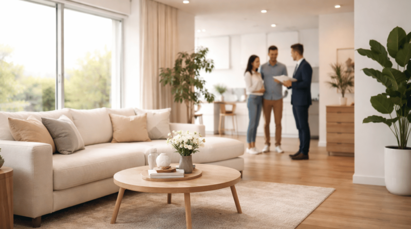 Prima impressione nella vendita di una casa: soggiorno luminoso e ordinato durante una visita immobiliare con agente e potenziali acquirenti, esempio di valorizzazione dell’immobile secondo il metodo OkCasaWeb.
