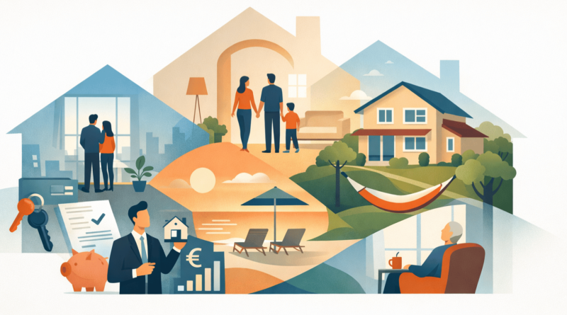 Illustrazione concettuale che rappresenta la promessa nascosta in una casa: diverse persone immaginano la propria vita futura all’interno di un immobile durante il processo di acquisto immobiliare.