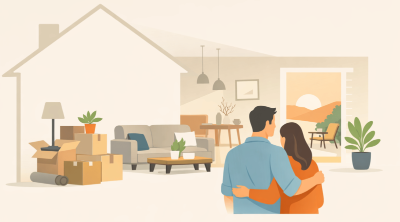 Illustrazione minimal di una coppia che entra nella nuova casa con scatoloni, simbolo del momento in cui un’abitazione diventa davvero casa e nasce il senso di appartenenza.