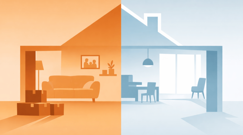 Illustrazione minimal di una casa divisa in due: da una parte il passato del venditore con scatoloni e dall’altra il futuro del compratore in un ambiente moderno, simbolo del passaggio nella compravendita immobiliare.