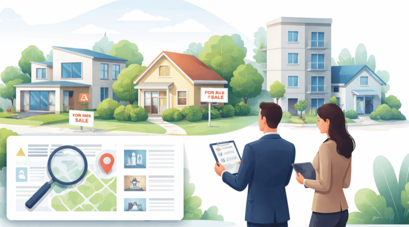 Illustrazione di agenti immobiliari che analizzano il mercato e valutano diverse case in vendita per definire la strategia corretta di vendita immobiliare.