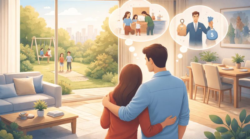 Coppia che immagina la propria vita in una casa luminosa con giardino, rappresentazione del valore percepito di un immobile quando un acquirente riesce a immaginarsi vivere dentro la casa.