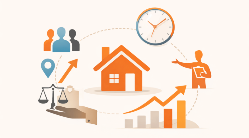 Illustrazione del valore immobiliare di una casa determinato da domanda di mercato, tempo di vendita e decisioni del venditore nel mercato immobiliare
