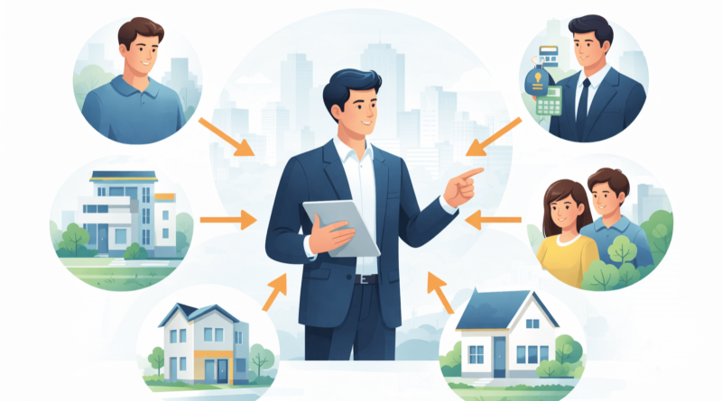 Illustrazione di un consulente immobiliare che analizza su tablet una casa e i dati del mercato per capire cosa cercano gli acquirenti nel mercato immobiliare.