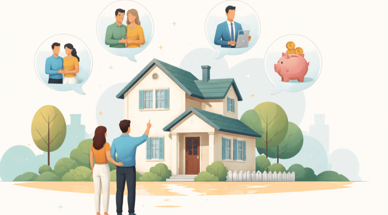 Illustrazione minimal di una coppia davanti a una casa con diversi profili di potenziali acquirenti, concetto di domanda immobiliare e ricerca dell’acquirente giusto per vendere casa.