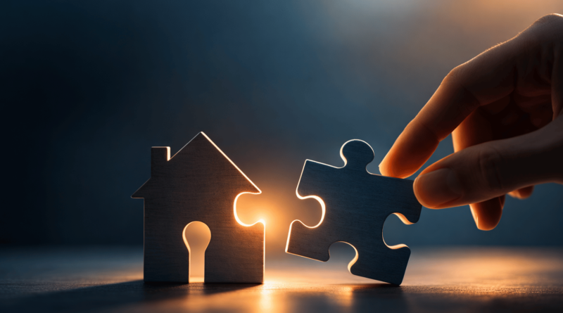 Vendere casa: incontro tra immobile e acquirente rappresentato da un puzzle a forma di casa che si completa con il pezzo giusto.