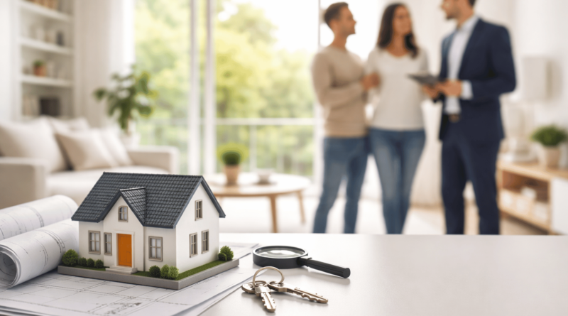 Consulente immobiliare che analizza un modello di casa con planimetrie e chiavi su un tavolo durante la consulenza per vendere un immobile.
