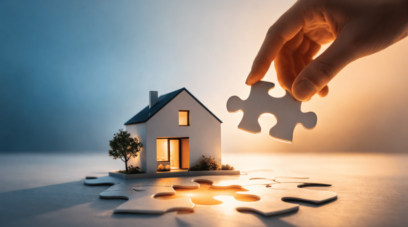 Casa simbolica su puzzle che rappresenta il processo decisionale nell’acquisto di un immobile e la scelta di comprare casa nel mercato immobiliare.