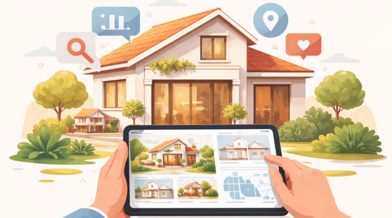 Illustrazione minimal di una casa presentata su tablet con annunci immobiliari, simbolo della strategia di valorizzazione e comunicazione nella vendita di un immobile.