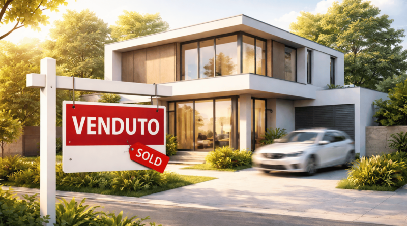 Casa moderna con cartello venduto davanti all’abitazione, simbolo di vendita immobiliare veloce grazie a prezzo corretto e strategia di mercato.