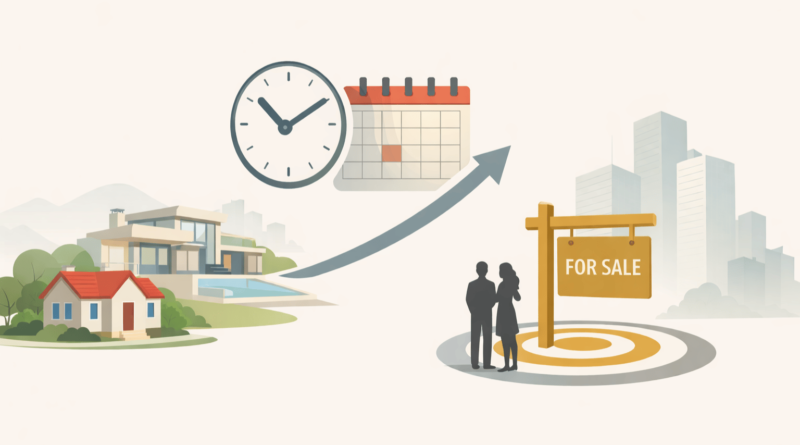 Illustrazione minimal che rappresenta il momento giusto per vendere casa nel mercato immobiliare, con orologio, calendario e cartello vendita.