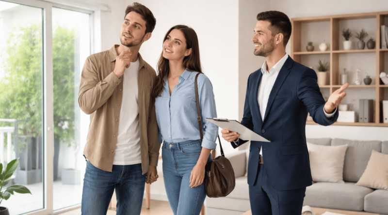 Coppia visita un appartamento con agente immobiliare mentre valuta l’acquisto e le verifiche da fare prima di comprare casa.