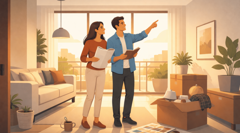 Coppia che visita un appartamento e immagina come arredarlo durante una visita immobiliare, momento in cui la visita si trasforma in decisione di acquisto casa