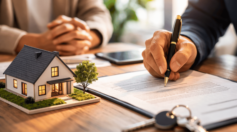 Firma del contratto preliminare di compravendita immobiliare con chiavi e modellino di casa sul tavolo durante l’acquisto di un immobile.
