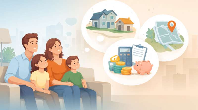 Illustrazione minimal di una famiglia che riflette sulla scelta di comprare o vendere casa, con icone di abitazione, mappa della zona e gestione economica.