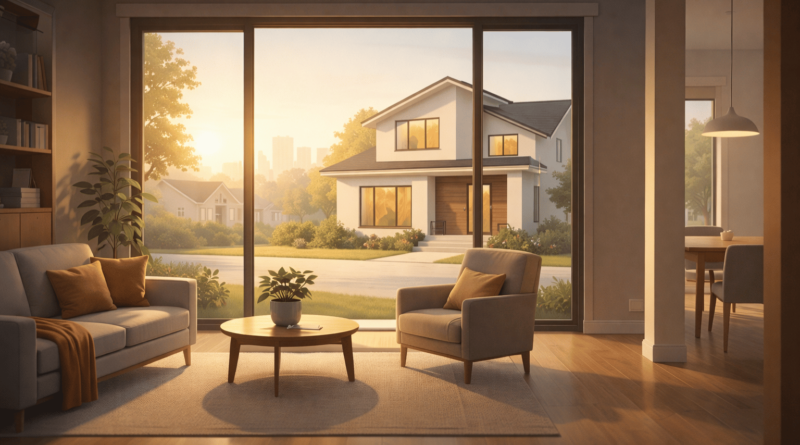 Salotto moderno con vista su casa residenziale in quartiere tranquillo, simbolo della scelta della casa giusta e della qualità della vita legata all’acquisto di un immobile.