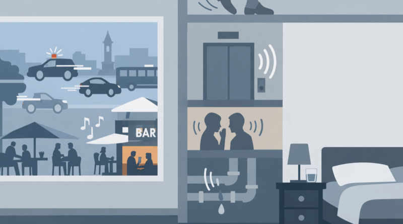 Illustrazione minimal di un appartamento con fonti di rumore interne ed esterne come traffico, bar, ascensore e scarichi, durante la visita di una casa prima dell’acquisto.