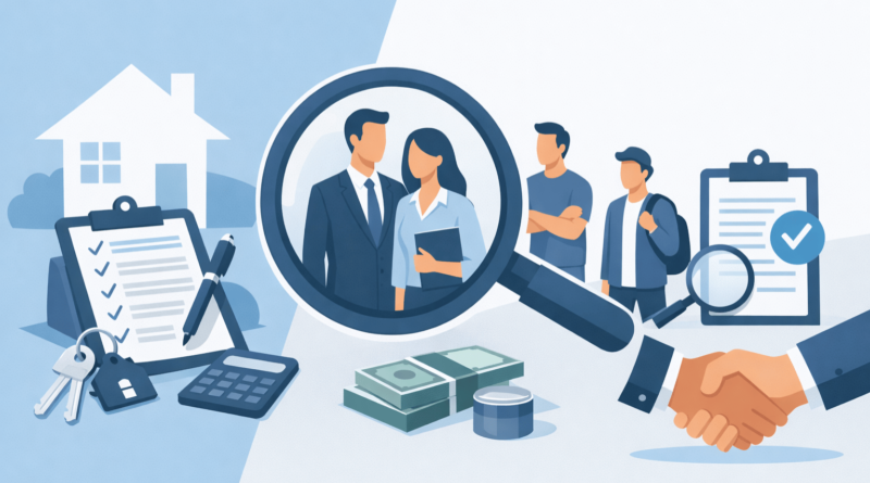 Illustrazione minimal della selezione dell’inquilino giusto per affitto casa con contratto, verifica documenti e analisi del candidato locatario